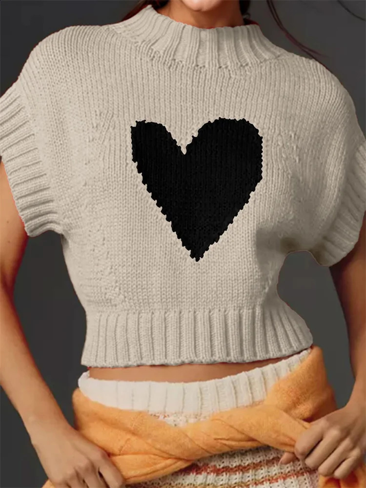 CHRONSTYLE Womens Short Sleeve Sweaters Heart Pattern High Neck Crop Knitted Pullovers Tops Casual Streetwear Party Jumpers 250614