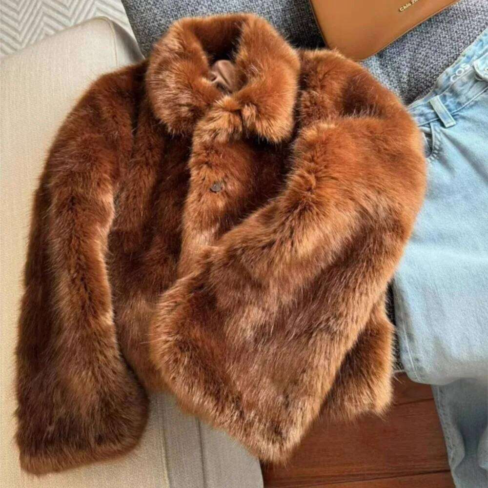 Winter Brownorange Turn down Collar Lapel Hairy Shaggy Faux Fur Coat Women Covered Buttons Full Sleeve Furry Short Outerwear