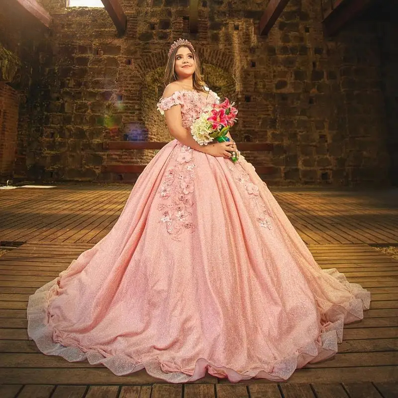 Mexican Pink Shiny Quinceanera Dresses Ball Gown Appliques Floral Lace Beading Birthday Party Sweet 16