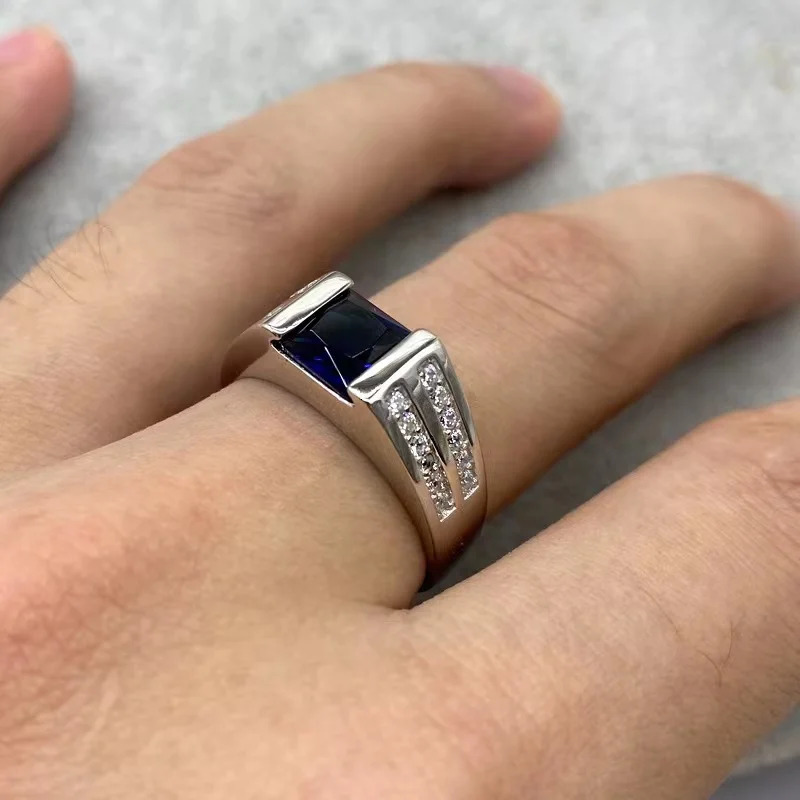 Multi Color Sterling Silver 925 Sterling Silver Square Mens Ring Simple Classic Inlaid Blue Zircon Fashion Ring for Women 250618