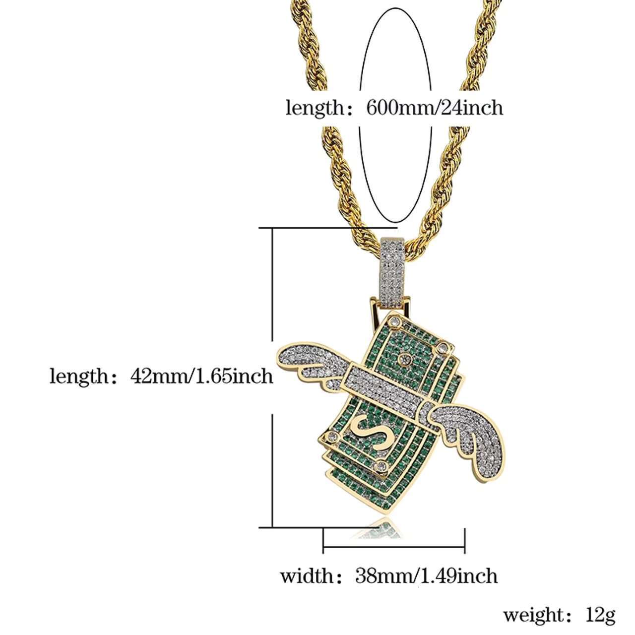 Mens 18K Gold Hip Hop Moissanite Diamond Money Dollar Pendant Necklace With Cuban Link Chains and Wings