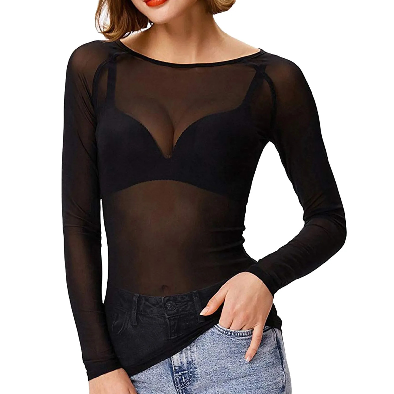 Mesh See Through Womens Shirts Long Sleeve Seamless Top Shirts And Blouses Summer Round Neck Transparent Bottom Shirts Tops 250618