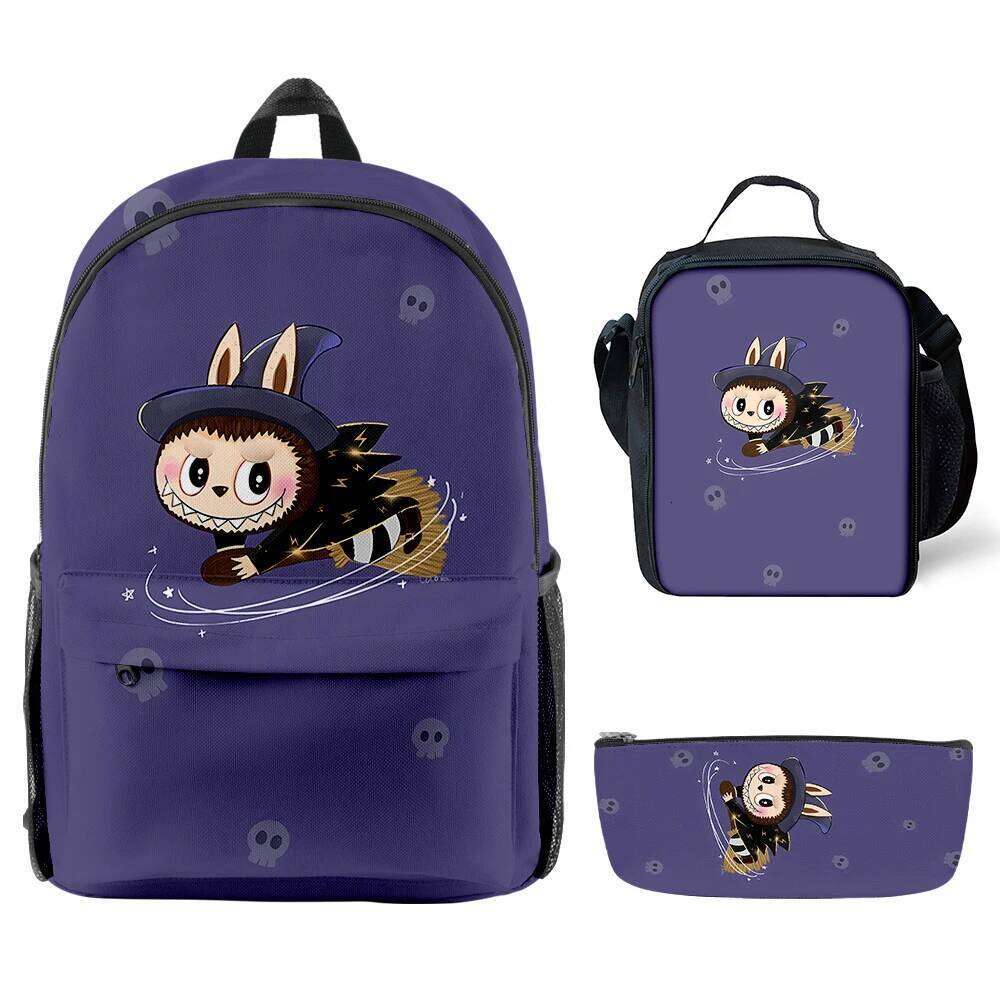 Novelty Cool Labubu 3D Print 3Pcs/Set Student School Bags Laptop Daypack Backpack Crossbody Lunch Bag Pencil Case