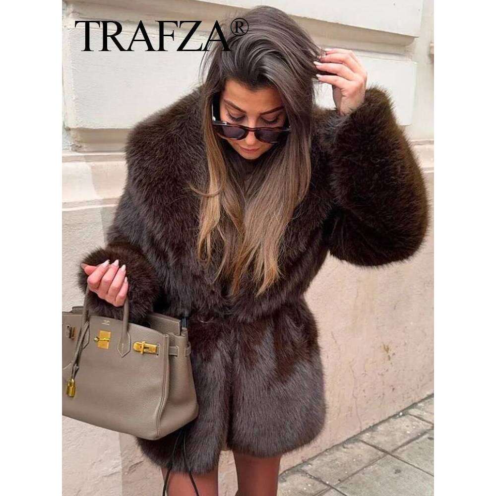 TRAFZA Winter Coat Woman Trendy Solid Turn Down Collar Long Sleeves Belt Decoration Female Vintage Thick And Warm Outerwear