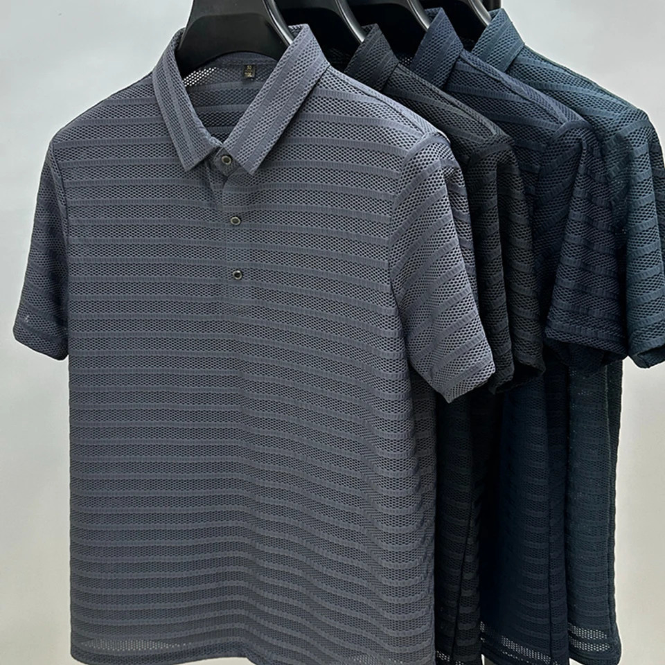 Ice Silk Mesh Hollow Polo Shirts Summer Korea Fashion Breathable Loose T-shirts Men Clothing Short Sleeved T Shirt Ropa 250617