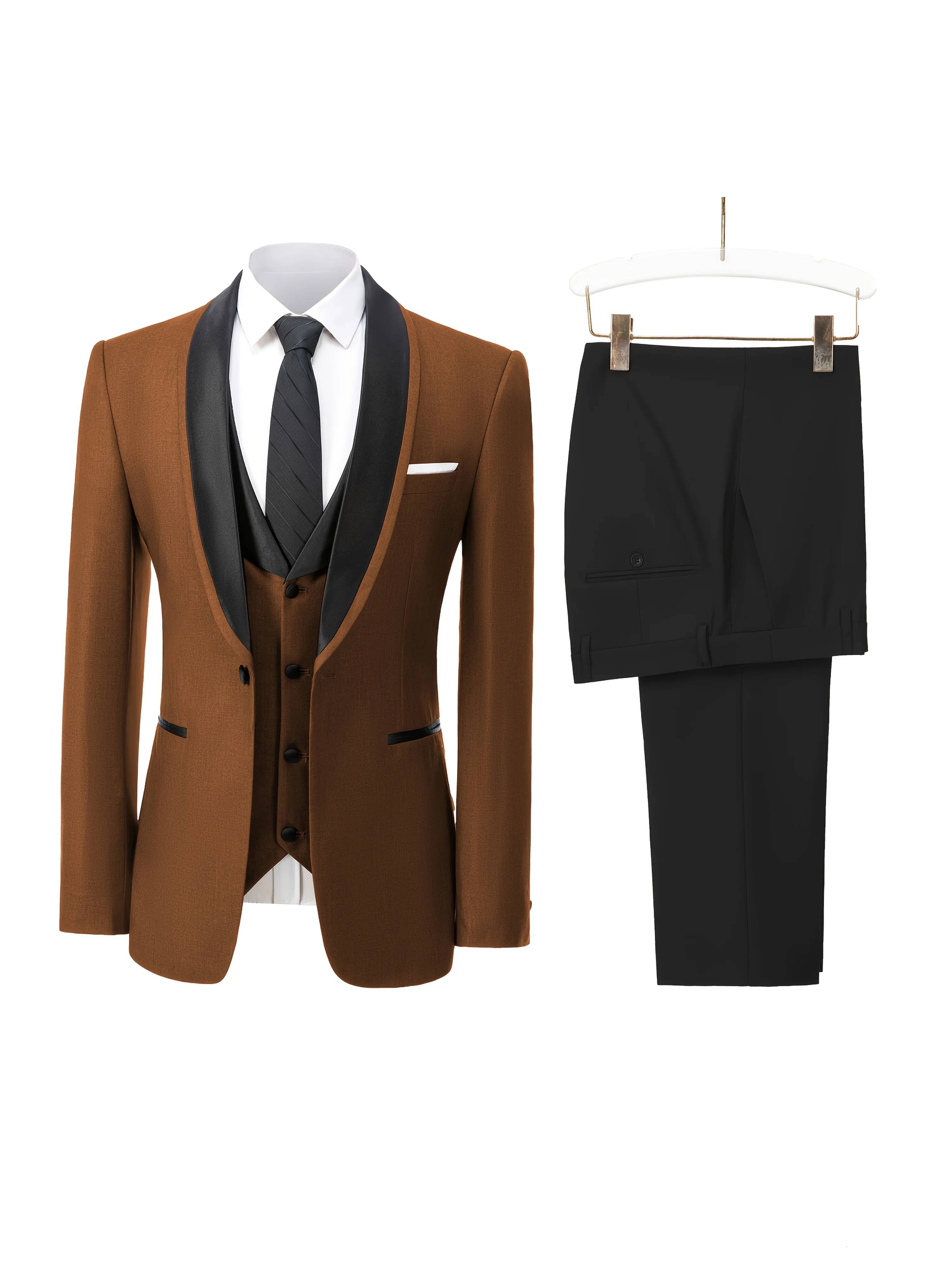 Elegant Slit Men's 3 Piece Black Shawl Lapel Casual Tuxedos For Wedding Groomsmen Suits Men (Blazer+Vest+Pant)