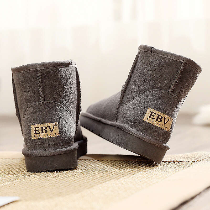 EBV Cowhide Snow for Women, Short Boots, Sheepskin Integrated, Versatile Women's Cotton Shoes, Leather Boots with Fleece and Thickened