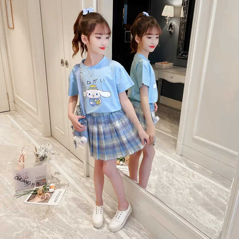 Sanrio 2024 Summer Childrens Clothes Kawaii Miniso My Melody Cinnamoroll Girl T-Shirt JK Plaid Pleated Skirt Anime Cartoon Uniform Set XJ250618XJ25061