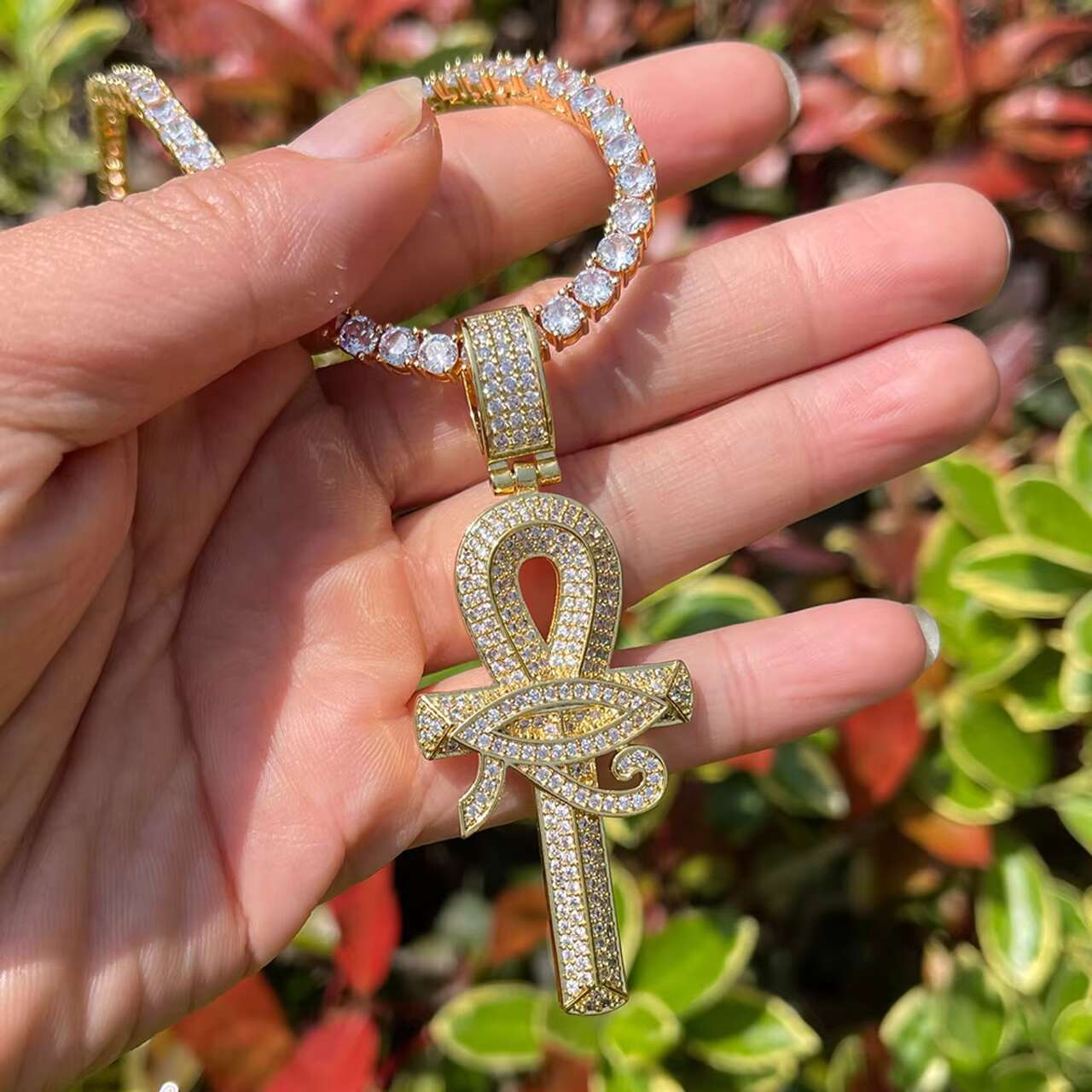 24K Gold 925 Silver Egyptian Ankh Cross Pendant Eye Horus Necklace with Moissanite Charms Cultural African Design for Men Women