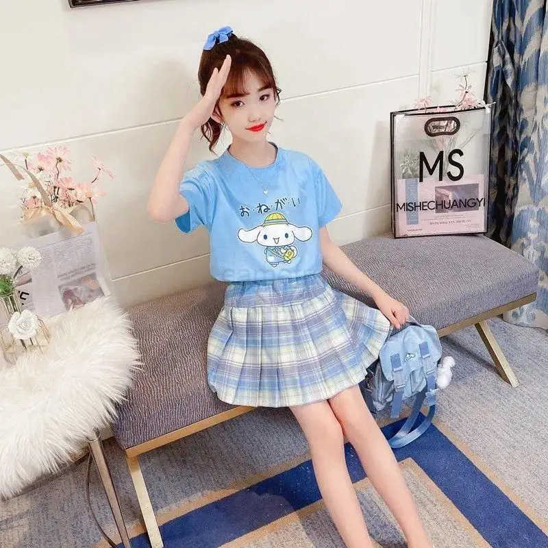 Sanrio Girl Sanrios Child Suit Summer Clothing Student Anime Round Collar T-Shirt Lattice Short Skirt Cartoon Two-Piece Set KawaiiXJ250618