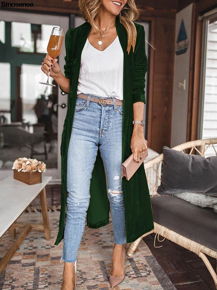 Women Solid Long Sleeve Velvet Jacket Lapel Collar Open Front Long Cardigan Coat With Pockets Fall Fashion Outerwear Maxi Duster 250617