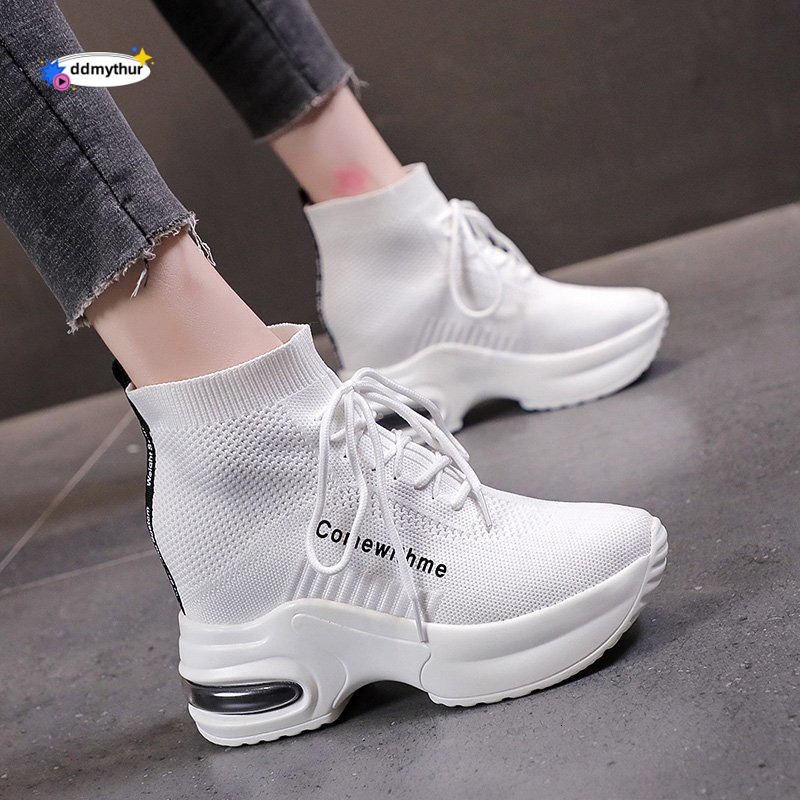 High-top Elastic Sock for Women, Hidden Wedge Casual Sneakers, Sporty White Shoes ddmythur