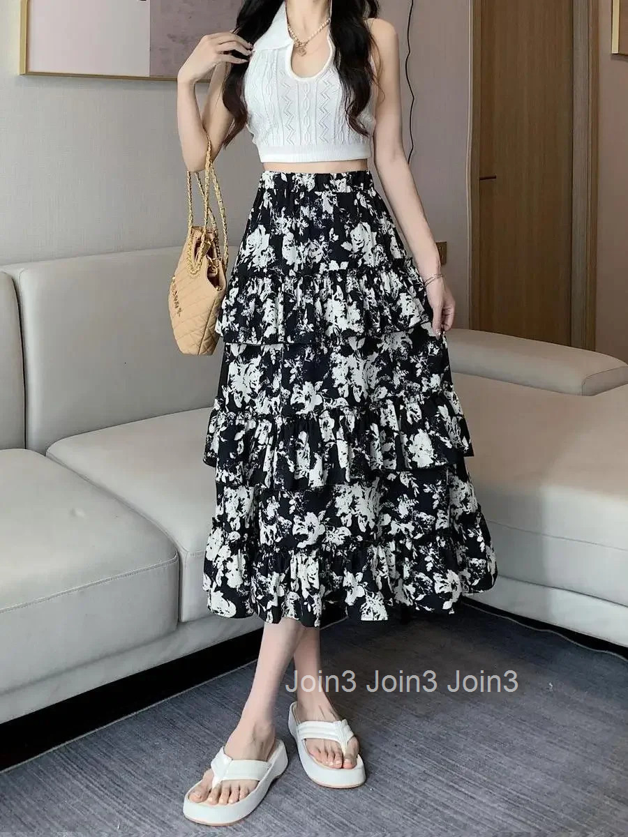 Woman Skirt Midi with Slit Floral Ruffle High Waist Casual V Clothing Trend 2025 Summer Vintage A Line Premium Skirts for Women