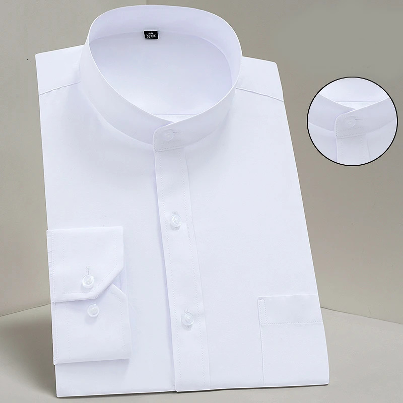 Mens Shirt Long Sleeve Stand-collar Mandarin Collar Single Patch Pocket Smart Casual Regular-fit Business Office Dress Shirts 250616