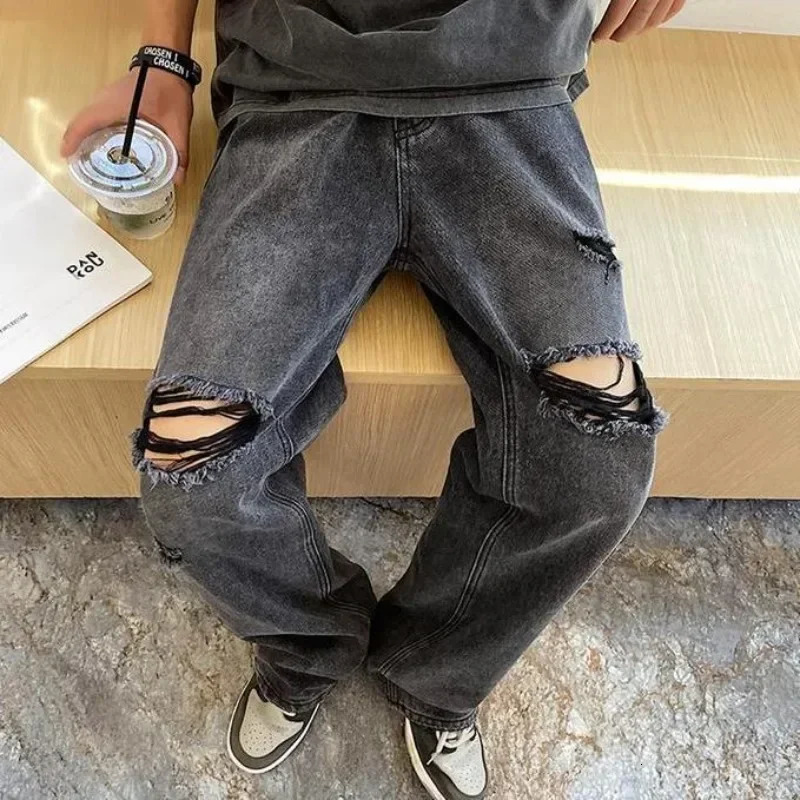 Mens Jeans Broken Black Torn Man Cowboy Pants Ripped Trousers Straight with Holes Clothes Y2k 2000s Summer High Quality Baggy 250618