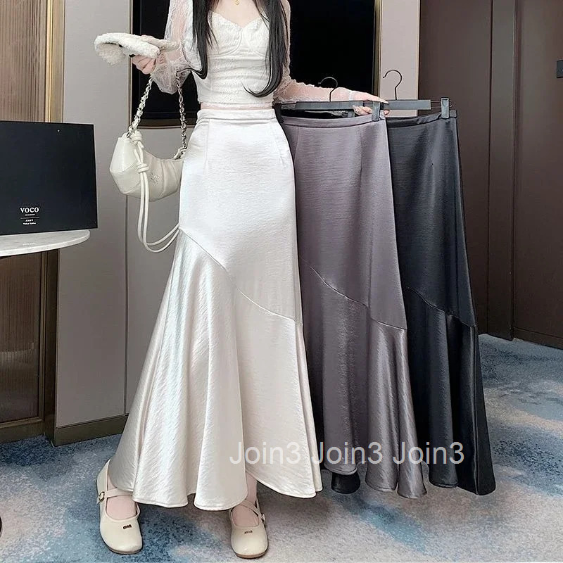 High Waist Long Woman Skirt Silk Patchwork Satin Maxi New in Harajuku Premium Clothing Sales Cheap 2025 Trend V Skirts for Women