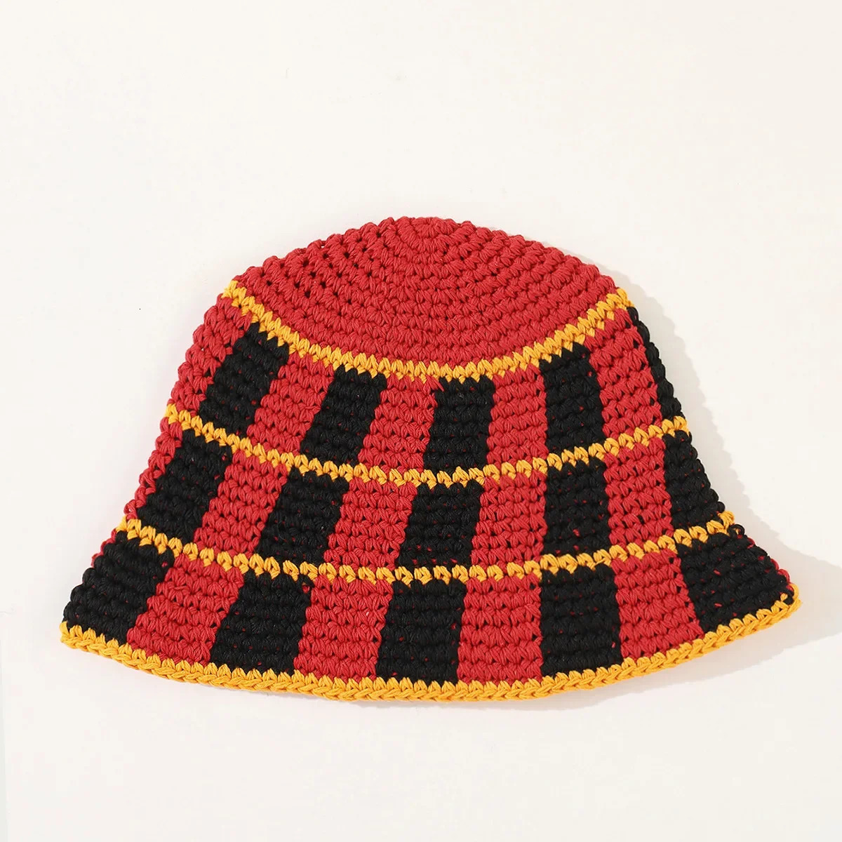 Japanese Korean Color Contrast Plaid Bucket Hat Women Ins Handmade Crochet Hat Summer Vacation Beach Casual Knitted Hat 250618