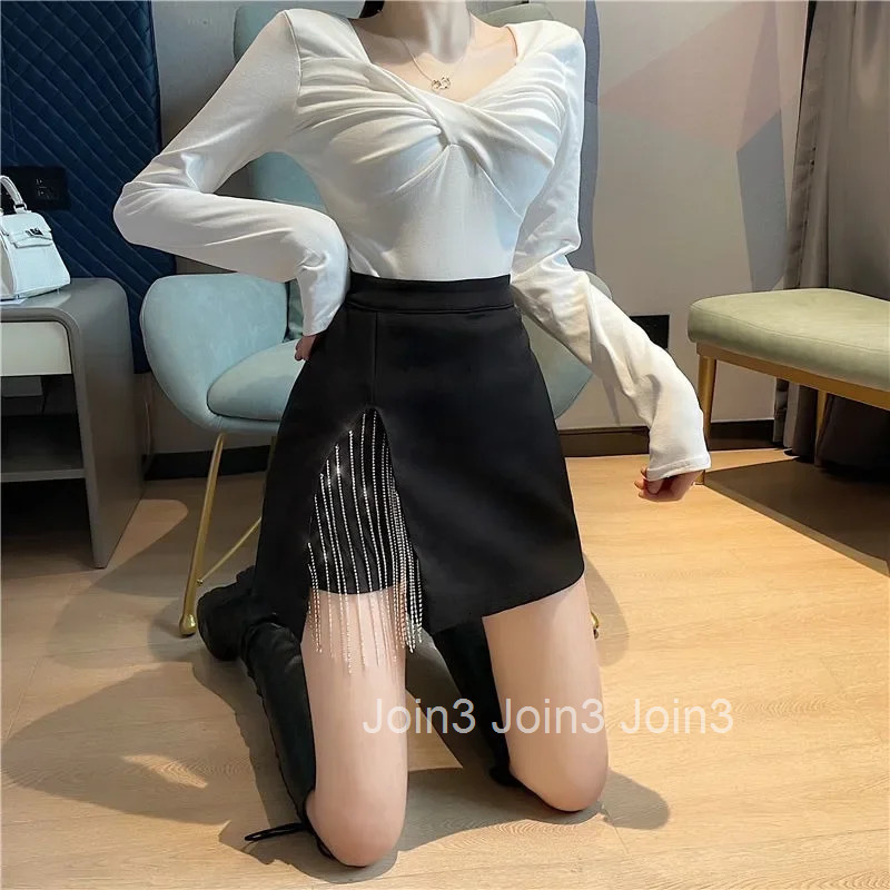 Black Short Tight Fringe Woman Skirt Wrap Mini Zipper with Slit A Line Harajuku Clothing Sales V Korean Style Skirts for Women