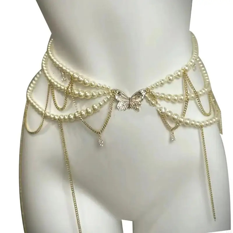 B2QE Stylish Layered Waist Chain Feature Tassels And Floral Pearls Charm Enhancing Outfit for Evening Gowns or Casual Outfit 250618