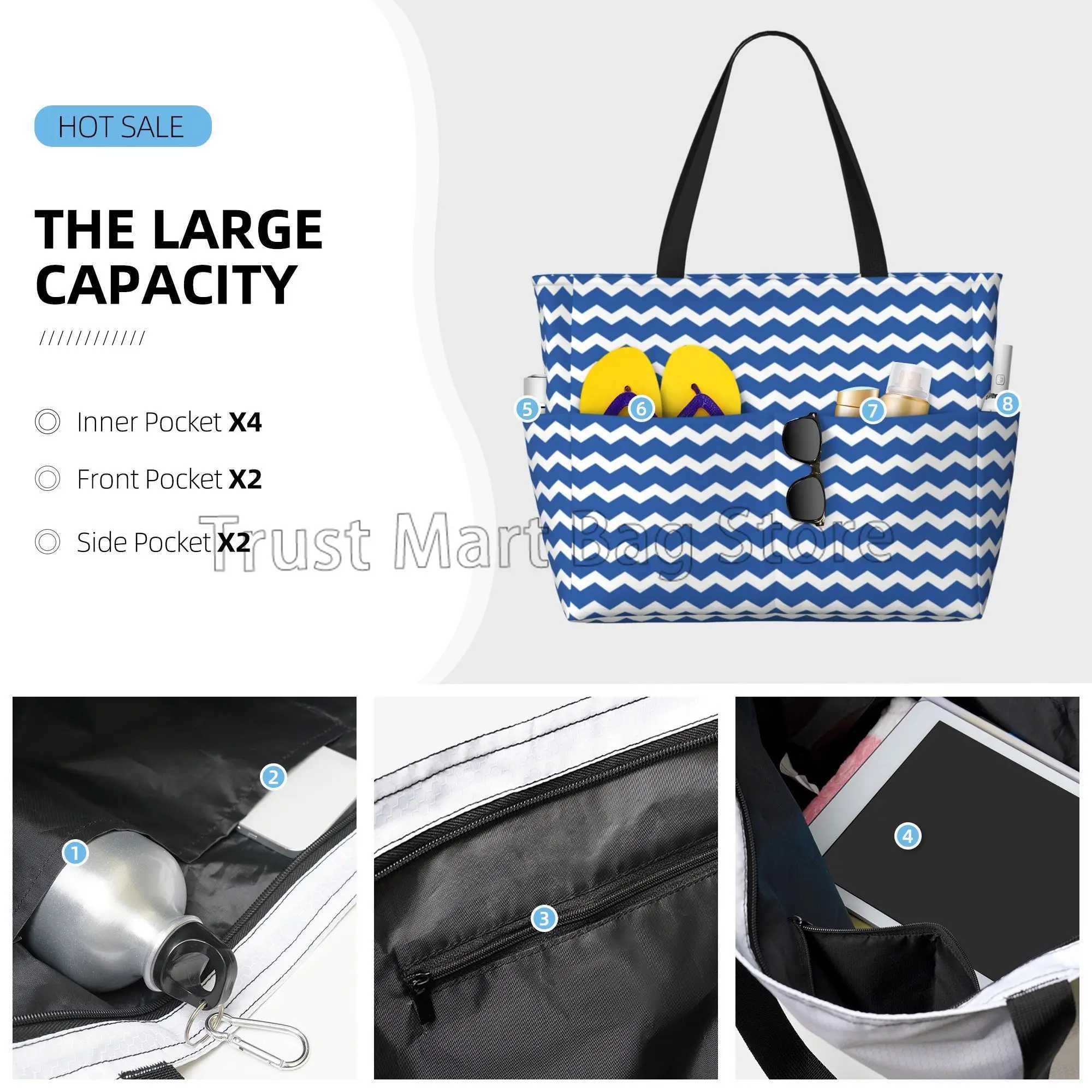 Blue Stripes Large Waterproof Beach Bag for Women Sandproof Tote Bag Pool Bag with Zipper and Pockets for Travel Gym B250618