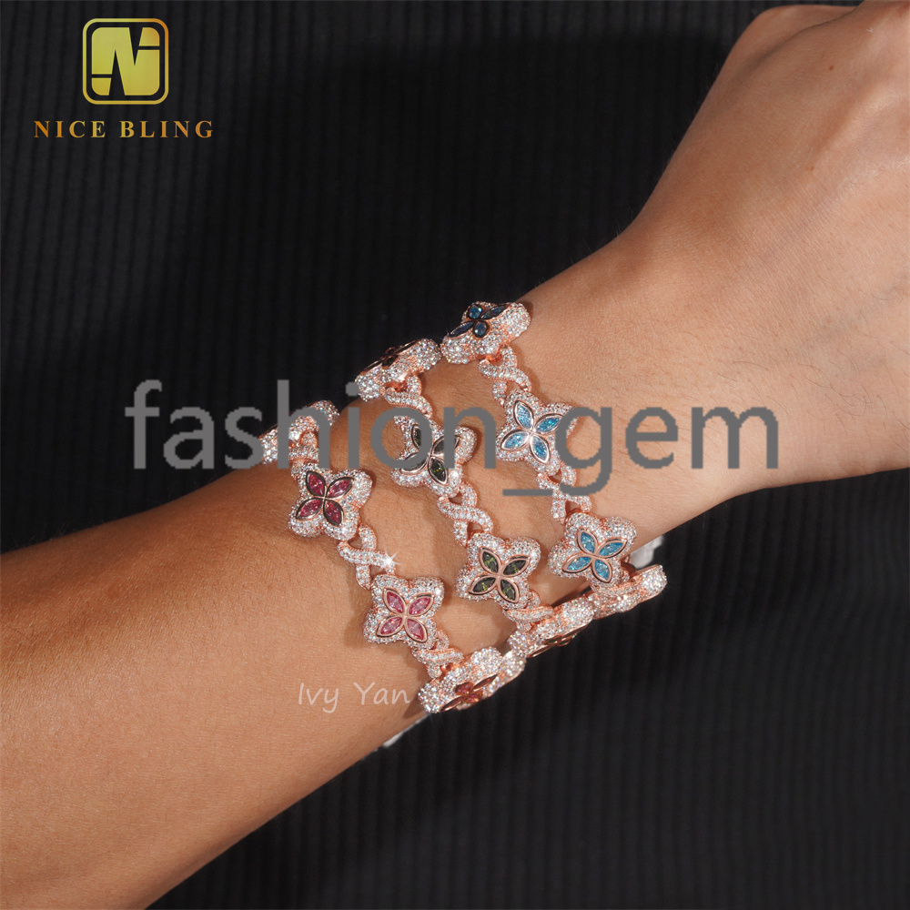 Rich Color Luxury Flower Design 18mm Custom Iced Out Hip Hop Unisex Jewelry Cuban Link Chain 925 Silver VVS Moissanite Bracelet
