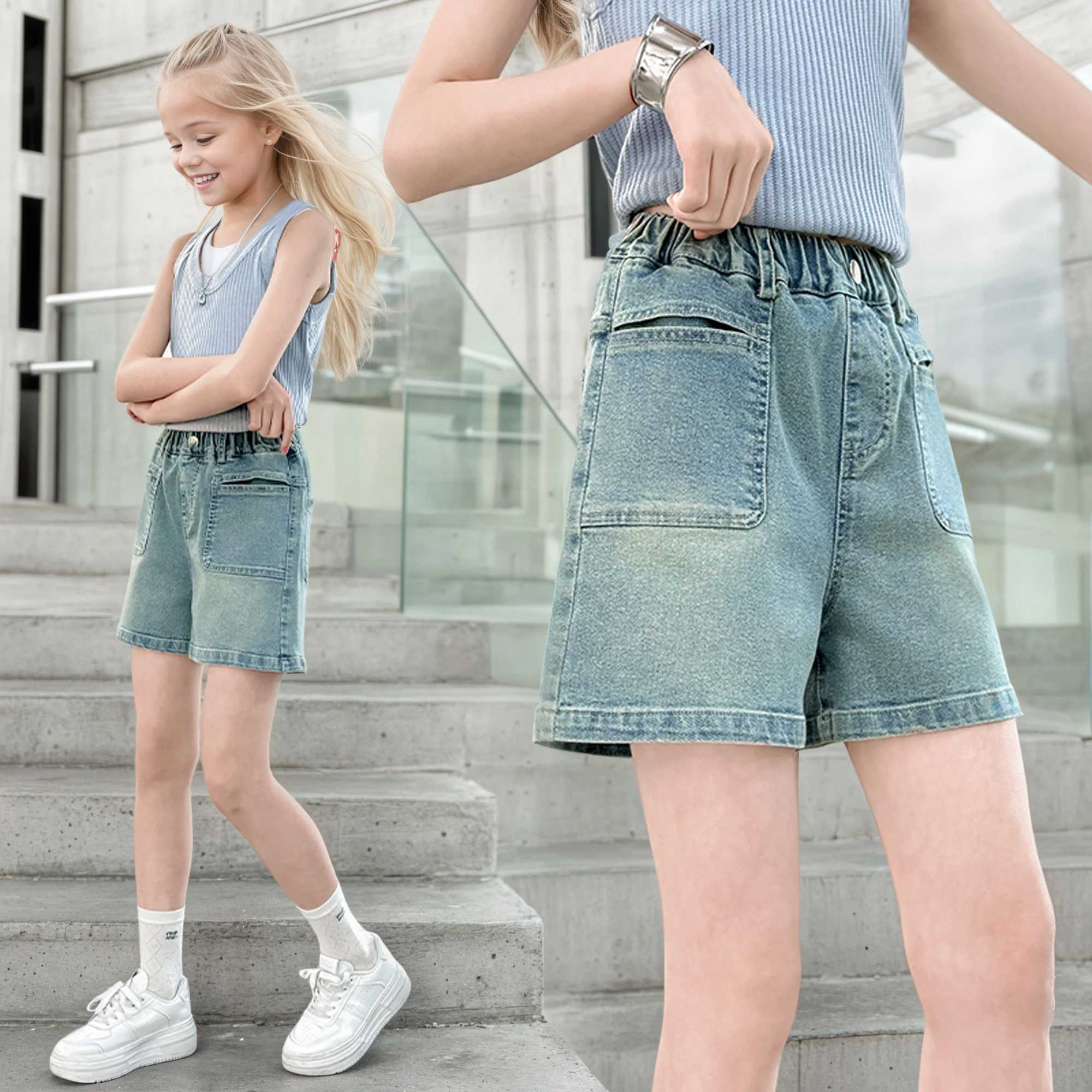 Girls summer front pocket design shorts 2025 new thin fashion jeans casual sports shorts 5-15 years oldC250617
