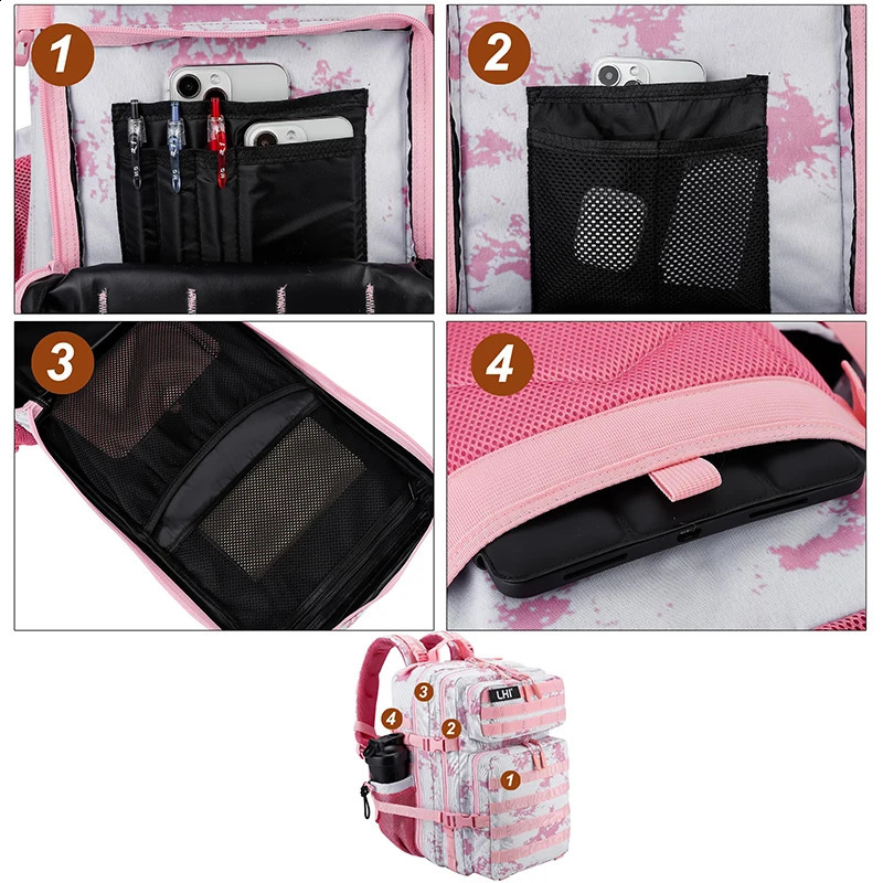 LHI 45L Tactical Backpack Waterproof Tie-Dye Sports Travel Daily Gym Rucksacks Weekend Overnight Daypack With Bottle holder 250617