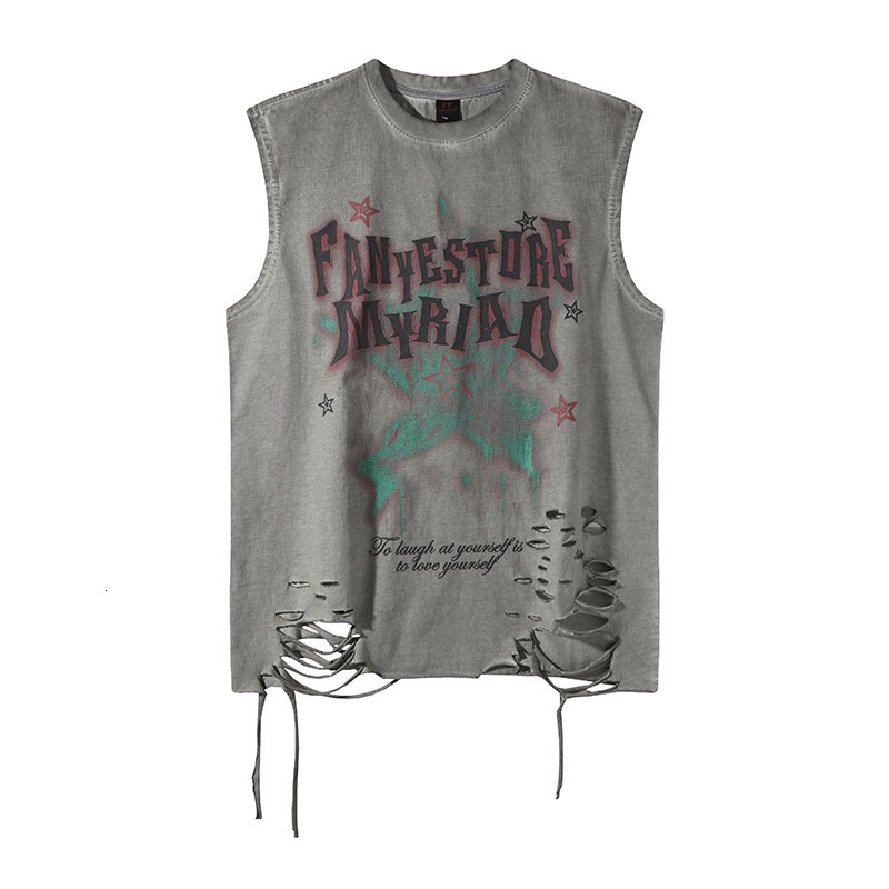 Summer Hip Hop Tank Top Man Washed Streetwear Tees Y2k Sleeveless T Shirt Round Neck Cotton Baggy Vests Tops Distressed 250618