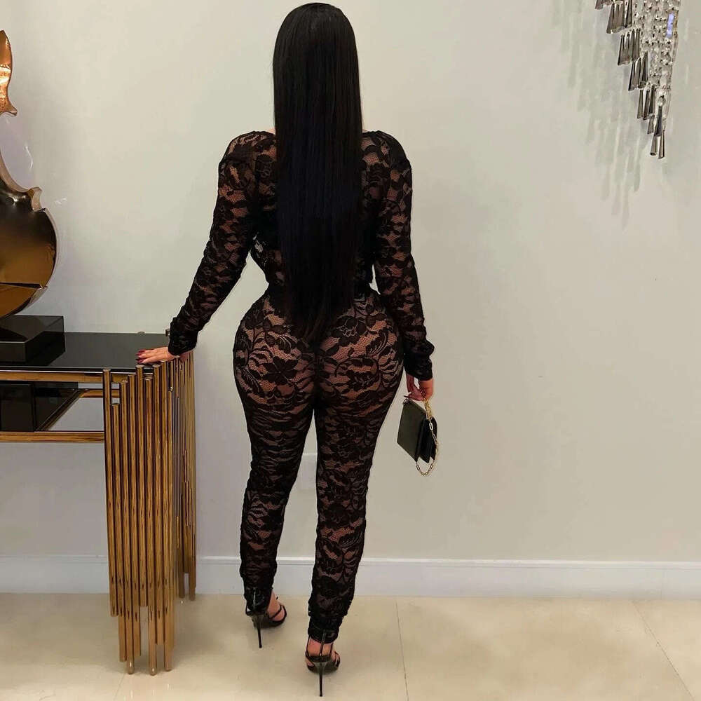 New Fashion Lace Embroidery Hollow Out Slim Fit Sexy Metal Design Long Sleeve Jumpsuit B5