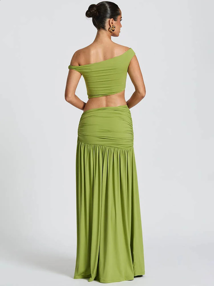 Mozision Elegant Dress Set Women Skew Collar Crop Top And Split Skirt Matching Set Fashion Backless Pleated Skirt Two Piece Set 250617