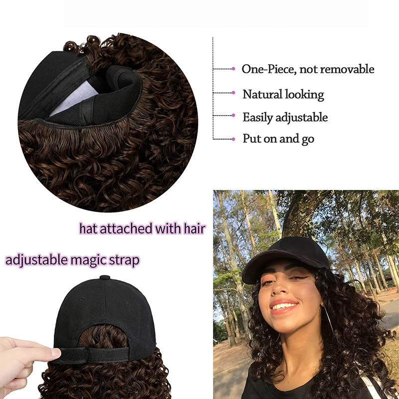 Afro-Style Long Curly Black Baseball Cap Wig All-in-One Small Spiral Noodle Curls Natural-Looking Synthetic Wig - In Stock