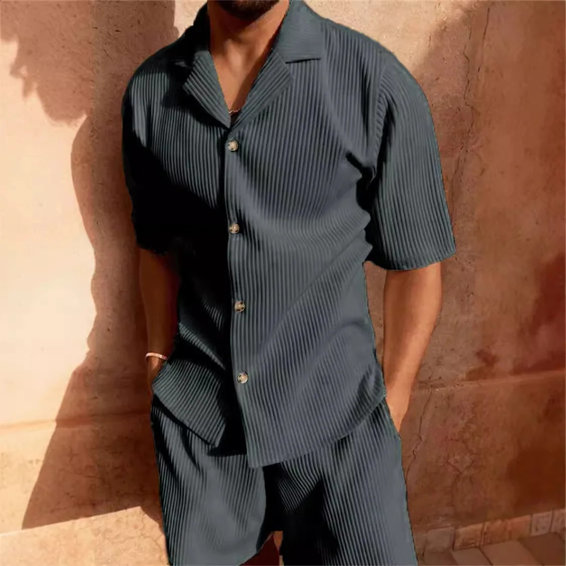 Mens Corduroy Casual Short Sleeve Shirt Shorts Suit Beach Style Lapel Collar Running Training 250614