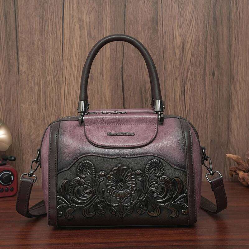 Women Leather Handbag Fashion Emed Top Handle Floral Pattern Design Adjustable Strap Versatile Daily Use Bag