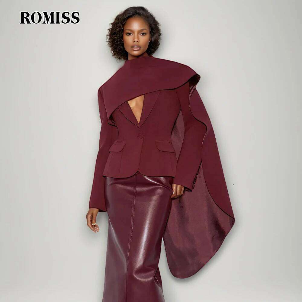 ROMISS Solid Spliced Pockets Irregular Jackets For Women Scarf Collar Long Sleeve Temperament Design Sense Coats Female Fashion