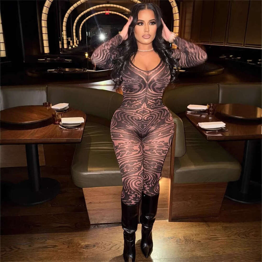 New Fashion Versatile Deep V Print Stretch Slim Sexy Jumpsuit Women's Clothing B5