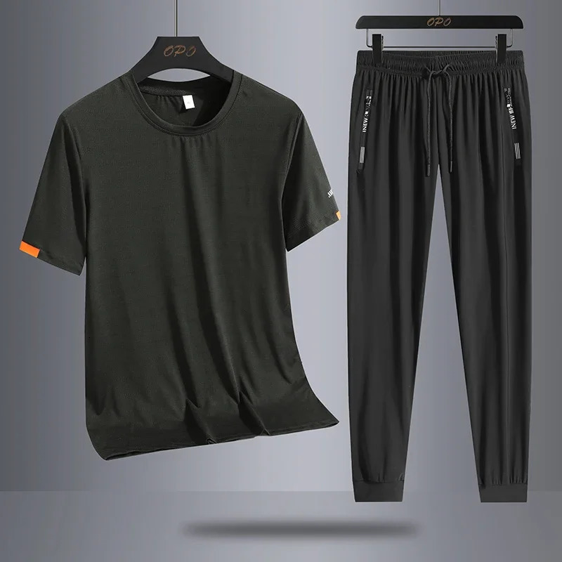 Ice Silk Quick Drying Set Sports Two Piece Set Male Trendy Ice Cool Mesh Quick Drying Breathable Short Sleeve T-shirt Long Pants 250617