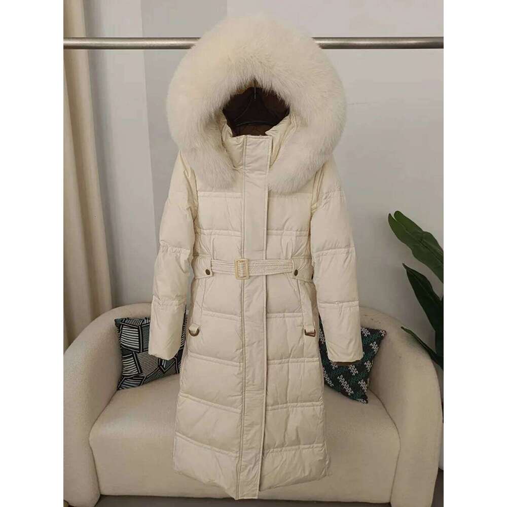 Real Raccoon Fur Winter Natural Fox Fur Collar Jacket Long Women 2024 Thick Warm Duck Down Coat Belt Outerwear Streetwear