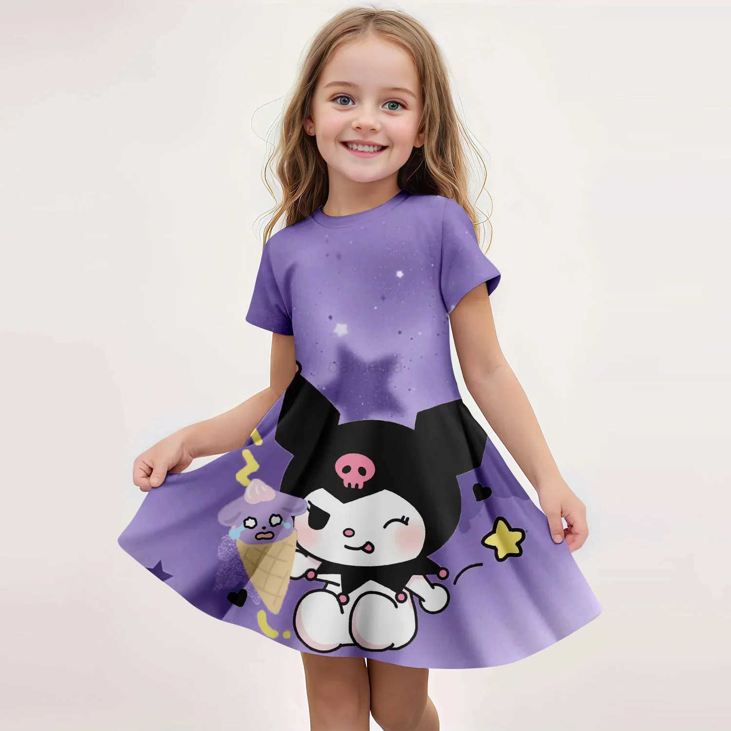 Sanrio 2025 Girl Clothes Summer Dress Fashion Comfortable Cartoon Cute Children Dresses Short Sleeve Kuromi Sanrio 3D Print NewXJ250618