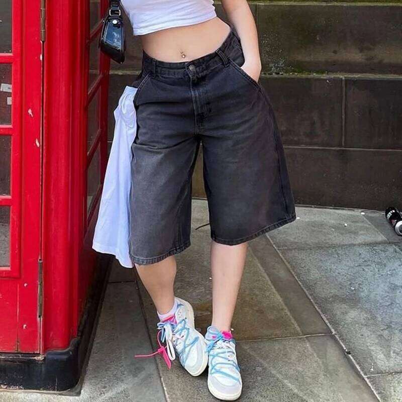Wear Women Bermuda Denim Shorts Boyfriend Baggy Calf Length Pants Y2k Aesthetic Wide Leg Carpenter Jean American Retro Streetwear