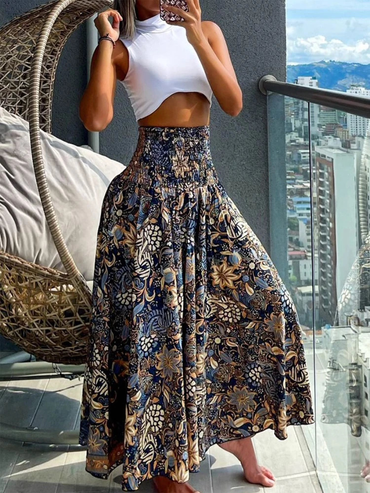 Boho Print Skirts For Women Summer Casual Elastic High Waist Aline Big Swing Long Dress Vacation Beach Party Skirt Robe 250617
