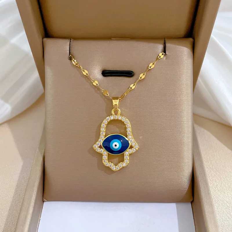 Cubic Zircon Blue Turkish Demon Eye Hamasa Hand Stainless Steel Hand of Fatima Necklace Women Jewelry collares mujer W250618