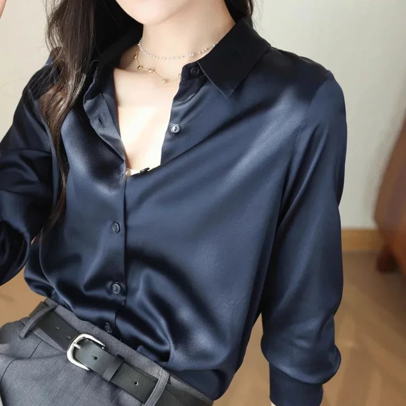 Satin Womens Shirt Blouses for Women Fashion Korean Style Tops Office White OL Loose Elegant Clothing 250617