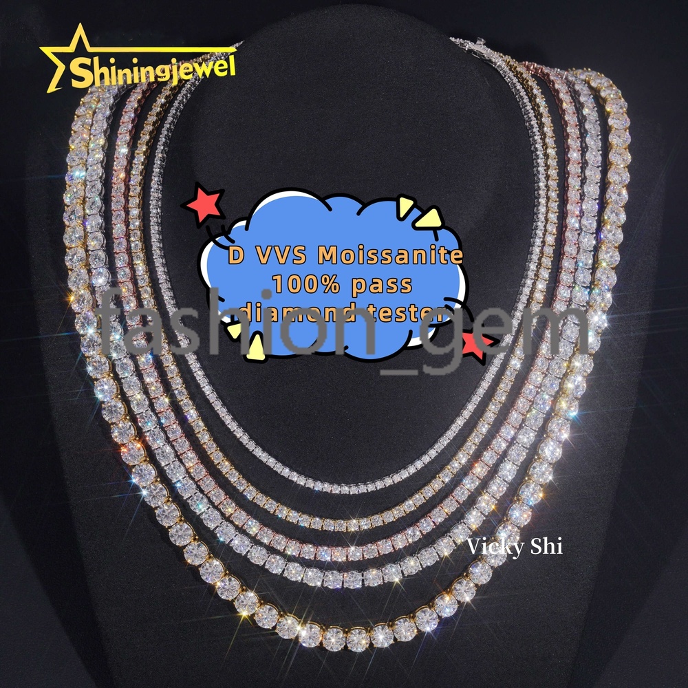 GRA Certificated 925 Silver 2MM to 5MM Moissanite Tennis Chain Men Fine Jewelry Moissanite Tennis Necklace Pass Diamond Tester