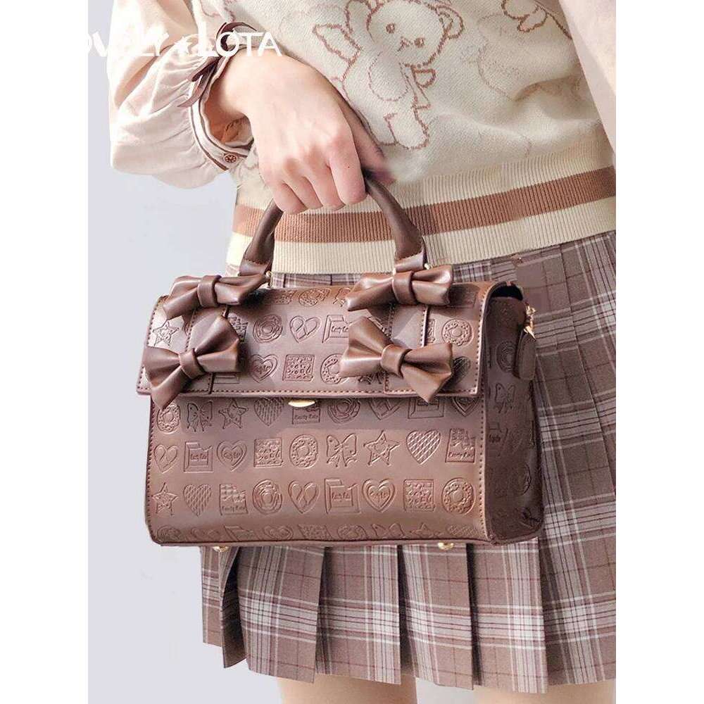 Original Lolita Sweetheart Chocolate Knurling Boston Handbag Sweet Girl Japanese Cute Retro Bow Shoulder Messenger Bag