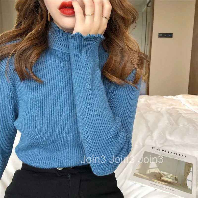 Gigh Neck Jerseys Womens Sweater Kawaii White Knit Tops for Woman Cute Turtleneck Jersey Clothing 90s Vintage Harajuku Fashion