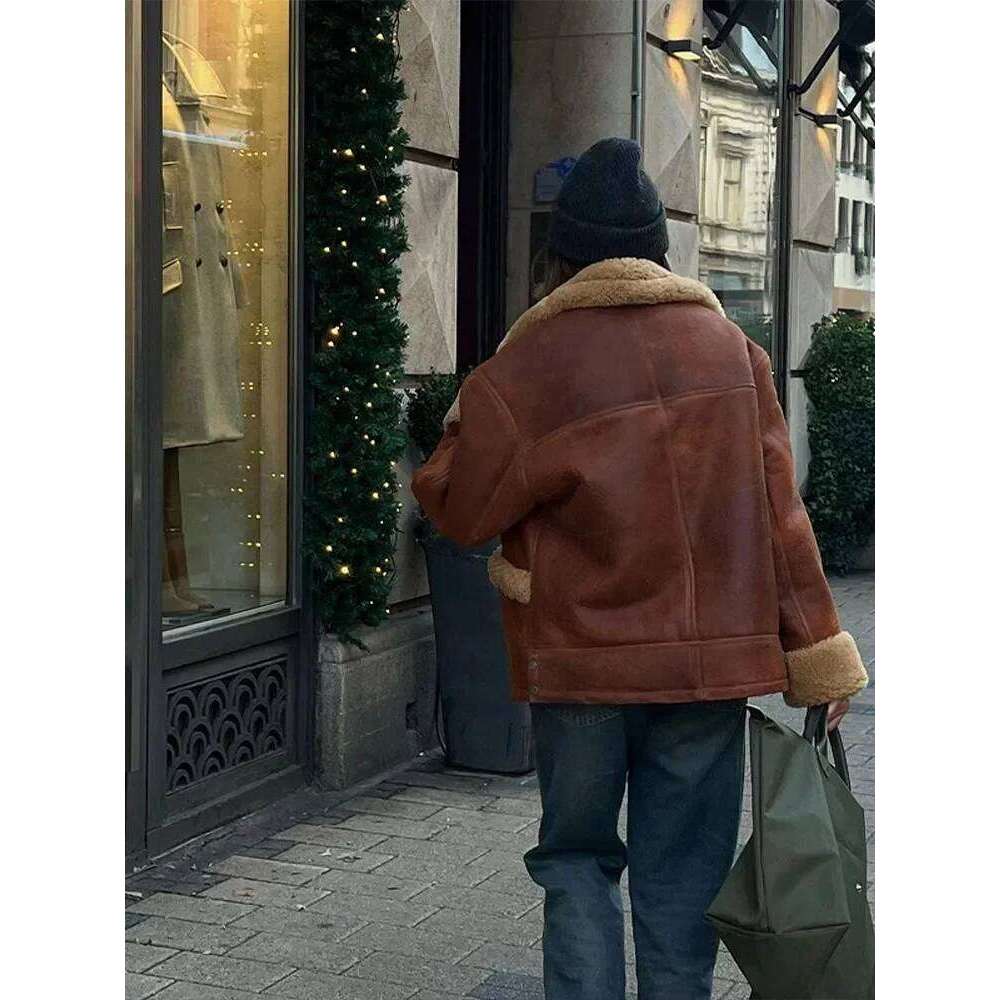 Fur One-Piece Coat Lamb Wool Leather Thickened Warm Patchwork Maillard Vintage Motorcycle Jacket Women Overcoat Outwear