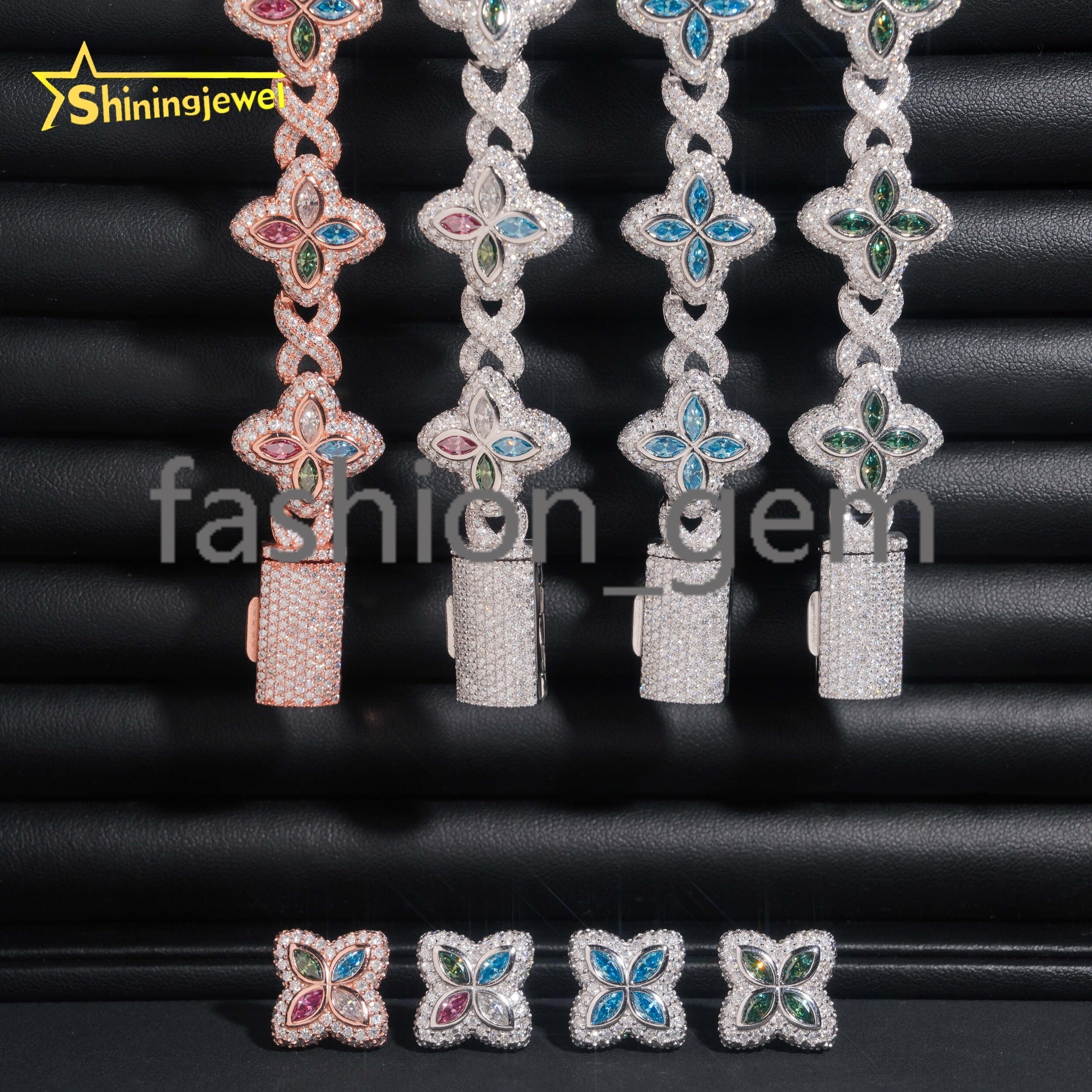 Iced Out Fine Jewelry Set Hip Hop 925 Silver 18MM Colored Marquise Flower Moissanite Bracelet with Earrings GRA Certificated