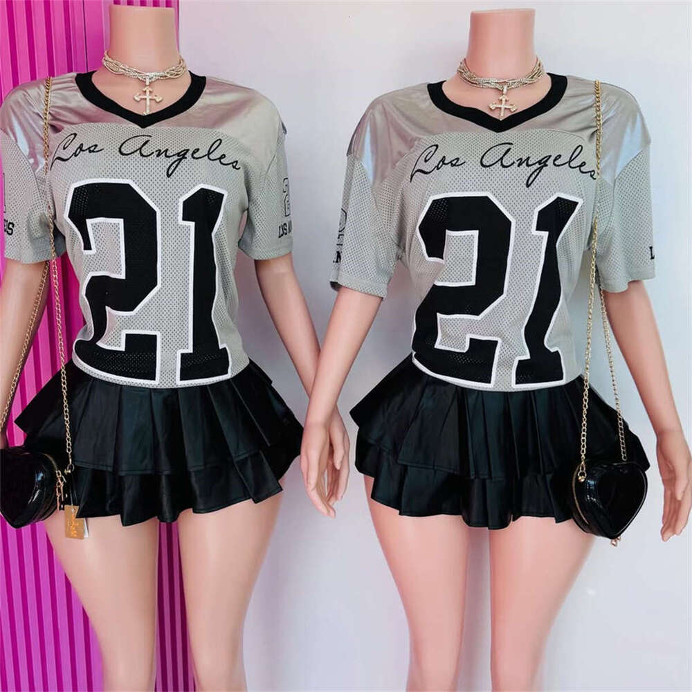 New Fashion Street Print Color-Block Loose Casual Short Sleeve Top V-Neck Sports Style T-Shirt Women's Clothing B5