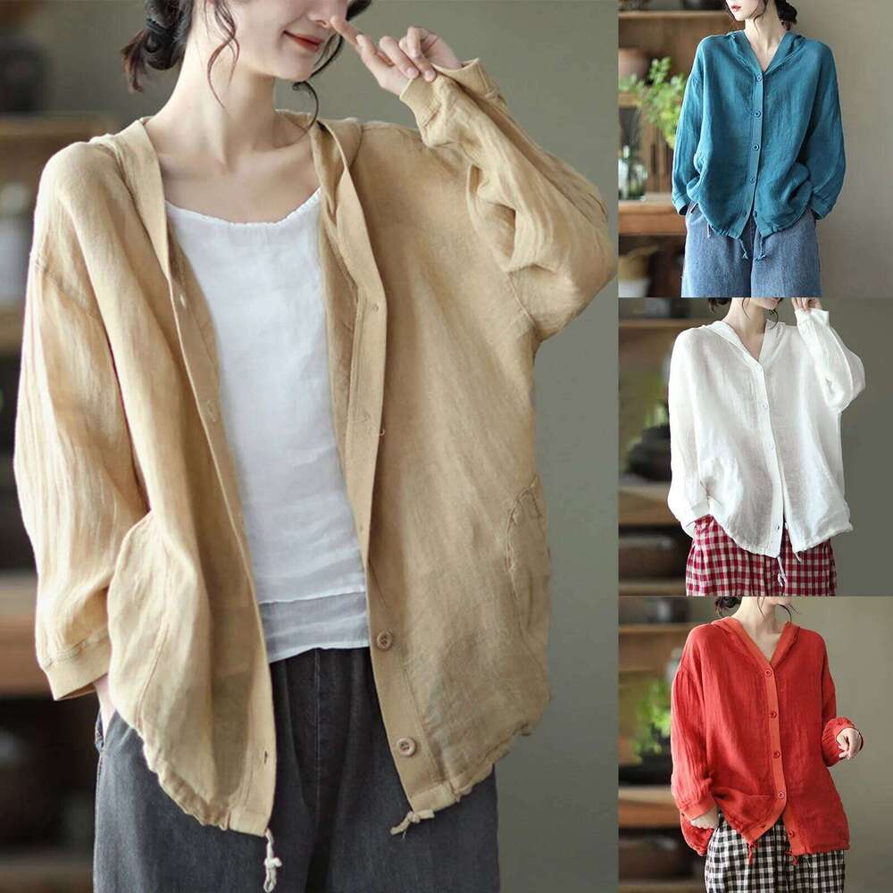 Hooded Button-Up Shirts for Women, Solid Cotton Long Sleeve Blouse, Spring and Autumn Tops, Loose Casual Shirt with Pocket, 2024