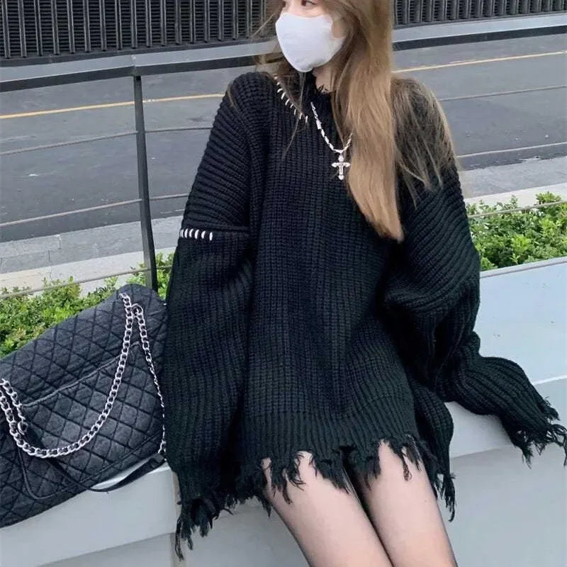 Black Loose Oversize Tassel Spliced Long Knitted Sweater Women Autumn Winter Patchwork Y2K Punk Gothic Sweater Knitwear Pullover 250614